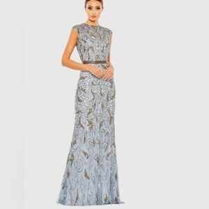 NWT | Mac Duggal 5532 Platinum Gold Embellished Cap Sleeve Column Gown Size 8